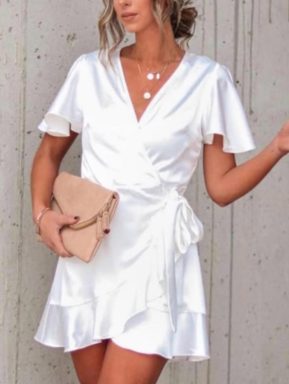 Vici Satin White Wrap Dress with Flutter Sleeves. Size Med